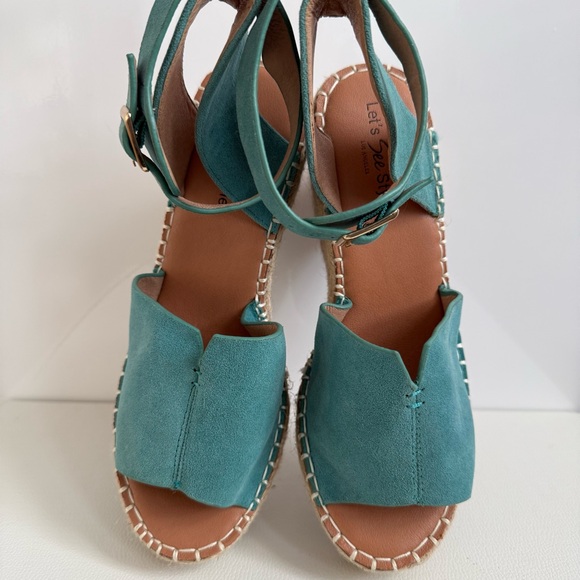 NWOT Espadrille Wedge Sandals Faux Suede Teal - Picture 5 of 8